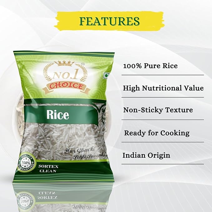 NO.1 CHOICE Premium Indian Rice | 100% Pure & Natural Long Grain Rice | Non-Sticky Texture, High Nutritional Value & Delicious Taste | Ideal for Daily Cooking, Steamed Rice, Pulao, Fried Rice and Healthy Meals